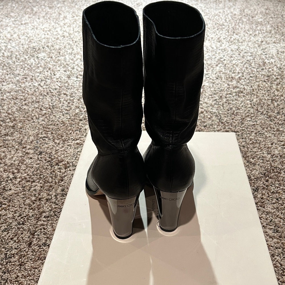 Jimmy Choo Articolo Embossed Print Black Boots 37.5 Black Mirrored Heel Like New - Picture 3 of 11